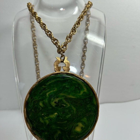 Vintage end of day Bakelite translucent Gold and Green Ankh Pendant Necklace